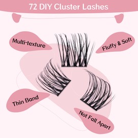 Cluster Eyelashes, Pack of 72 Individual Eyelashes, Eyelash Clusters, DIY Eyelash Extensions, Super-Thin Band, Reusable, Soft & Comfortable (Passion-C-8-16 Mix)