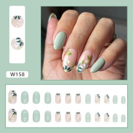 French Tip Press On Nails Fake Nails Almond Medium with Nude Green Flower Designs Glossy Acrylic False Nails Almond Medium Glue on Nails Full Cover Thick Stick on Nails for Women Girls 24Pcs W158