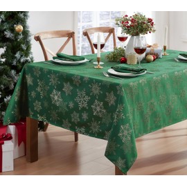 NewBridge Fancy - Mantel metálico de Navidad con copos de nieve, no necesita planchado, resistente a la suciedad, brillantes de Lurex de fácil cuidado, cuadrado de 52 x 52 pulgadas, cazador/dorado