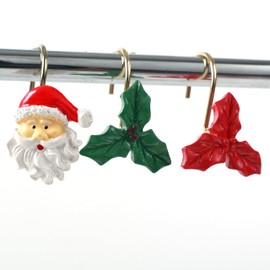 Wehome Santa Claus Shower Curtain Hooks Xmas Poinsettia Flower Shower Curtain Rings Set of 12 Decorative Poinsettia Flower Shower Curtain Rings Pack of 12