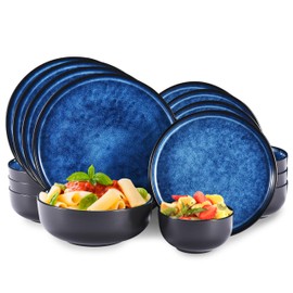 Whole Housewares Ceramic Plates and Bowls Set - Dinnerware Set - Microwave and Dishwasher Safe - 16 Piece Dinner Set - Perfect for Parties, Birthdays, or Weddings - Blue
