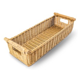 The Basket Lady Long Narrow Pole Handle Wicker Basket, Large, 21 in L x 8 in W x 6 in H, Sandstone