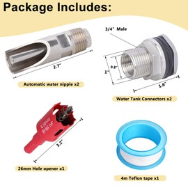 TL TOOLEGIN Automatic Pig Nipple Waterer Set with 304 Stainless Steel Water Tank Connectors for Barrel Kit - 2pcs Stainless Steel Nipples for Sows, Piglets, Goats - Includes Installation Hole Opener