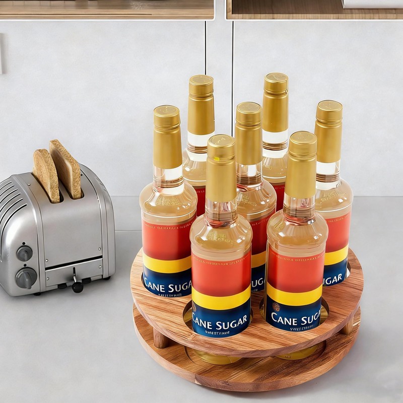 Acacia Wood Rotating Coffee Syrup Organizer, 7 Bottle Coffee Syrup