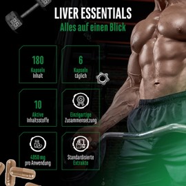 GEN GERMAN ELITE NUTRITION Liver Essentials - 180 Kapseln - Hochdosierter Leber Komplex mit Mariendistel, Cholin, NAC, Artischocken, L?wenzahn, Schizandra, Ingwerextrakt, Indol-3-Carbinol, Desmodium, Rutin - Vegan