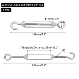 sourcing map M6 Hook and Eye Turnbuckles for Cable Wire Rope Tension, 304 Stainless Steel Turnbuckle Adjustable for Shade Sail String Light Hanging Pack of 5