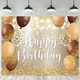 Riyidecor Gold Brown Happy Birthday Backdrop Modern Luxury Balloons Champagne 8Wx6H Feet Polyester Fabric Sparkle Bokeh Dots Photography Background Men Women Bday Table Decor Banner Studio Photo Shoot