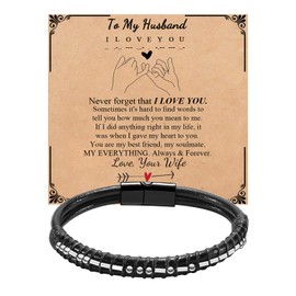 QWNHONEY Bracelets for Men to My Husband Morse Code Bracelet Father'S Day Birthday Graduation Valentines Day Anniversary Christmas Leather Cuff Bangle I Love You Jewelry Gift for Man Him 8.5 Inches