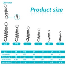 JSHANMEI Fishing Swivels Corkscrew Snap Fishing Tackle Stainless Steel Rolling Swivels Fishing Line Connector Accessories Size 2/0 1/0 2# 4# 6# 8#,Pull 42-176LB