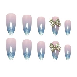 Blue Cat Eye Press on Nails Medium Almond Fake Nails Glitter Ombre Acrylic Nails French Tip False Nails Press ons Shiny Gradient Artificial Nail with Bow Designs for Women Girls Manicure 24Pcs