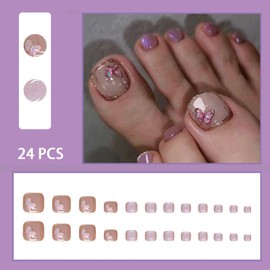24Pcs Holographic Press on Toenails Short French Summer Glue on Toenails Purple Powder Butterfly Toenails Natural Gel Toenails Full Cover Acrylic False Toenails for Women Girls DIY Charm Manicure