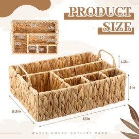 LemonRoad Wicker Silverware Caddy for Party Water Hyacinth Utensil Holder with Handle Versatile Divided Cutlery Flatware Storage Basket Organizer for Kitchen Countertop Parties Picnic, 6 Compartments