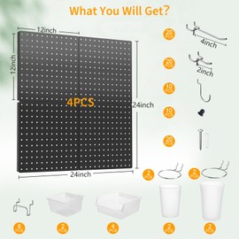 FZK Peg Board, 74PCS Metal Pegboard Wall Organizer Kit. Heavy Duty Pegboard, Peg Boards, Pegboard for Walls, Black Pegboard for Garage Craft Room Workbench Office Kitchen Tool Organization, 24 * 24