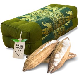 livasia block yoga cushion square-cut Thai silk - 7x13x5″ - Meditation cushion kapok, Rectangular bolster, Yoga Pilates accessory neck cushion, Thai cushion hand made (Green/Elephants, Silk)