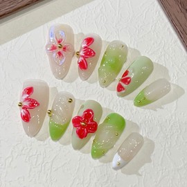 10 Pcs Luxury Handmade Press on Nails Medium Almond Nails with Glue,Green Gradient Glitter Fake Nails 3D Floral Art Design Muti-Layer Gel Acrylic Thick Stick on False Nails for Women(Size S)