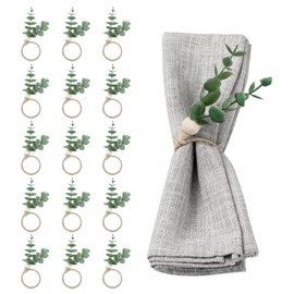 FHUIEWRY 15 Pcs Eucalyptus Napkin Rings, Boho Leaf Wood Bead Farmhouse Napkin Rings Table Decor，Rustic Green Leaf Napkin Ring Holder for Wedding,Family Dinner,Party, Thanksgiving Day