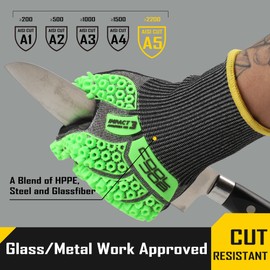 COOLJOB A5 Cut Resistant Gloves with Impact Resistant TPR, Touchscreen Nitrile Dipped Safety Work Gloves with Grip, 1 Pair Green Large