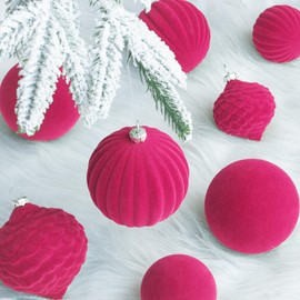 KI Store Hot Pink Velvet Christmas Baubles 25pcs Shatterproof Flocked Christmas Tree Ornaments 80mm 60mm Assorted for Xmas Tree Decorations