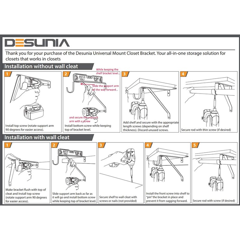 Desunia Adjustable Closet Rod & Shelf Support Bracket - White