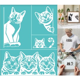 GOMAKERER 2 Sheets Silk Screen Stencil, Interesting Cats Painting Stencils Templates Reusable Self-Adhesive Silk Screen Printing for Wall Border Wood Fabric Home Craft Decor