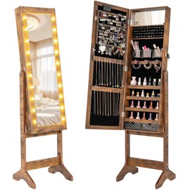 CHARMAID Jewelry Cabinet with Full Length Mirror and Warm Lights, Lockable Jewelry Armoire with Storage, 4 Tilt Angles, Standing Jewelry Organizer with Makeup Mirror for Girls Bedroom (Rustic Brown)