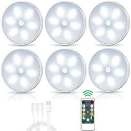 Lightbiz LED Closet Lights Wireless Motion Sensor Puck Light with Remote Control,USB Rechargeable Puck Lights, Dimmable Under Cabinet Indoor Lighting Magnet Stick-on Light for Counter Kitchen Wardrobe (6 Pack)