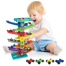 LHChan Pistas de Carros para Niños, Juguetes Educativo de Coche con 4 Mini Carros, Coches de Juguetes para Niños, Juguetes Montessori de Carritos para Niño, Regalo para Niños de 3 4 5 6 Años