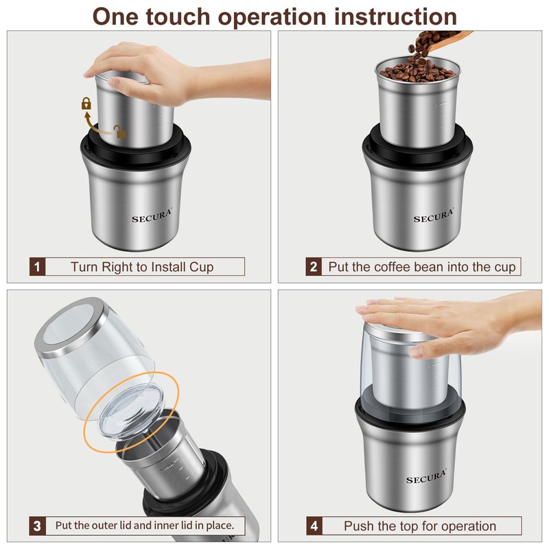 Secura Electric Coffee Grinder and Spice Grinder with 2 Stainless