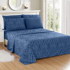Lux Decor Collection Bed Sheet Set - Brushed Microfiber 1800 Thread Count Bedding - Wrinkle, Stain and Fade Resistant - Deep Pocket Twin Size Sheets Set - 4 PC (Twin, Paisley Navy Blue)