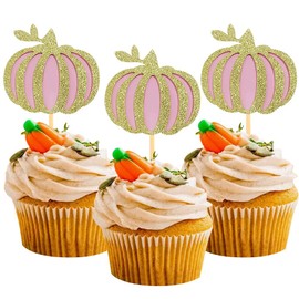 24 Pcs Glitter Pumpkin Cupcake Toppers, Fall Theme Cupcake Decoration for Pumpkin Themed Baby Shower Party Supplies (pink)