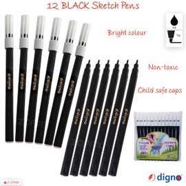 DIGNO SketchStic Felt Tip Pens, BLACK, Pack of 12, Fibre Felt Tip Colour Pens, Write Draw Sketch Mark, Perfect for School Office Home Everyday Use