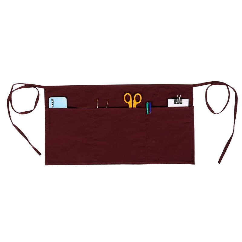 Cotton Waist Apron for Waitress with 3 Pockets Burgundy Server