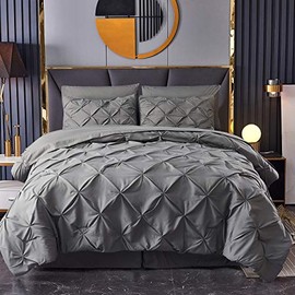 HAOK Bed in a Bag Set - 8 Pieces Pinch Pleat Bedding Comforter Sets, Pintuck Microfiber Down Alternative Queen Comforter Set (Dark Grey, Queen)