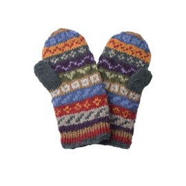 Pachamama Women Wool Mittens Fleece Lined Handknitted Fairisle Green Multicoloured One-Size Handmade Extra Warm Fair Trade