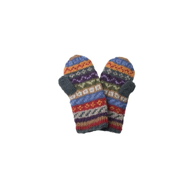 Pachamama Women Wool Mittens Fleece Lined Handknitted Fairisle Green Multicoloured