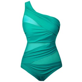 Runtlly Women's One Piece Swimsuits One Shoulder Plus Size Swimwear Bathing Suit with See Through Mesh Style 95 Green 2XL