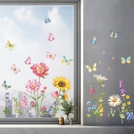 Flower & Butterfly Wall Decals Peel and Stick - Removable Self-Adhesive Window Clings Floral Wall Stickers for Girls Room, Bedroom, Living Room Nursery Decor