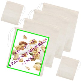 6 Pack Nut Milk Bags - Bojuzhi Unbleached Cotton Cheesecloth Bags for Straining, Nut Bag Strainer for Oat/Almond/Cold Brew Coffee/Yogurt/Juice/Tea, Washable and Reusable, Cotton White (6PNMB)