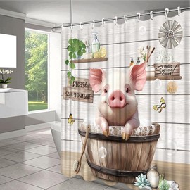 Funny Pig Shower Curtain Cute Pink Animal in Bathtub Farmhouse Vintage Old Wooden Board Rustic Country Wood Watercolor Fabric Bathroom Decor Accessories Set with Hooks 70W x 70H Inch