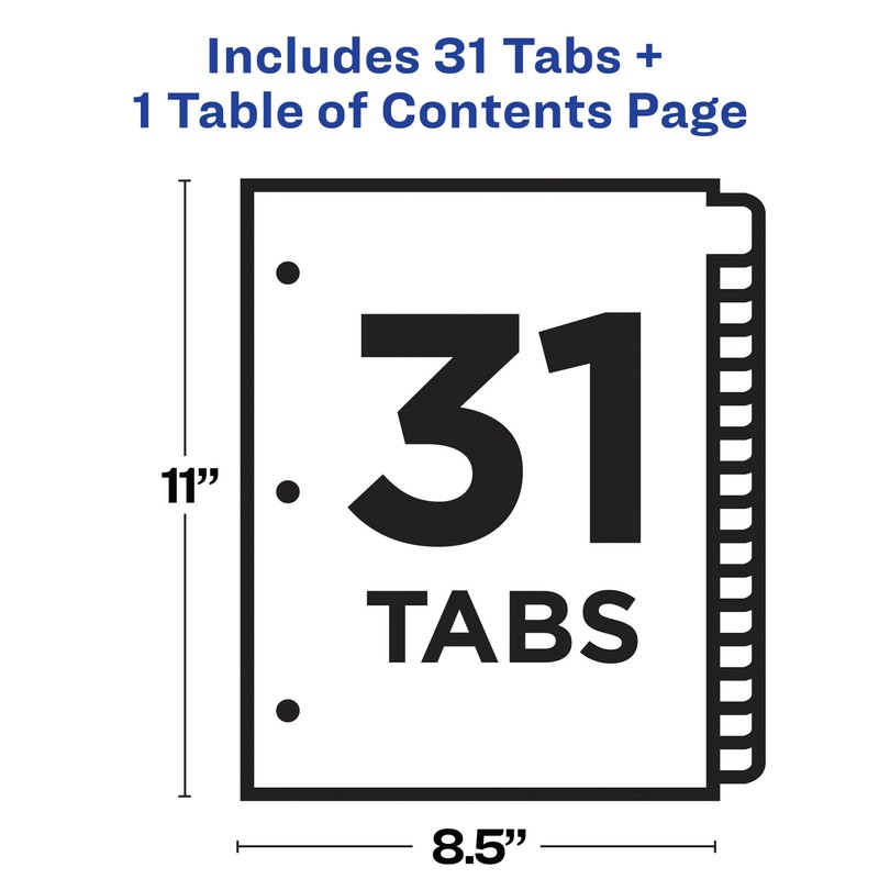 Avery Ready Index Classic Tab Titles, 31-Tab, 1-31, 8.5 X