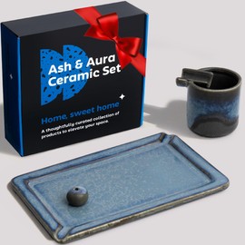 Ash and Aura Ceramic Set - Handcrafted 3-Pieces Kit - Tray with Ash Catcher Cup and Incense Burner Holder - Black and Blue Accessories for Home Decor