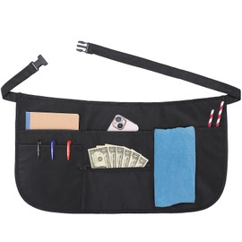 Noverlife 6 Pockets Server Apron with Buckle, Waterproof Serving Aprons for Waitresses Adjustable Belt Waist Apron with Zipper, Unisex Work Aprons 12 Inch Waiters Half Apron Waitress Apron for Women