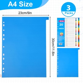 File Dividers A4, 3 Pack 20 Part Folder Dividers 1-20 Coloured Plastic A4 Dividers for Lever Arch Files Ring Binders Office School Index Dividers