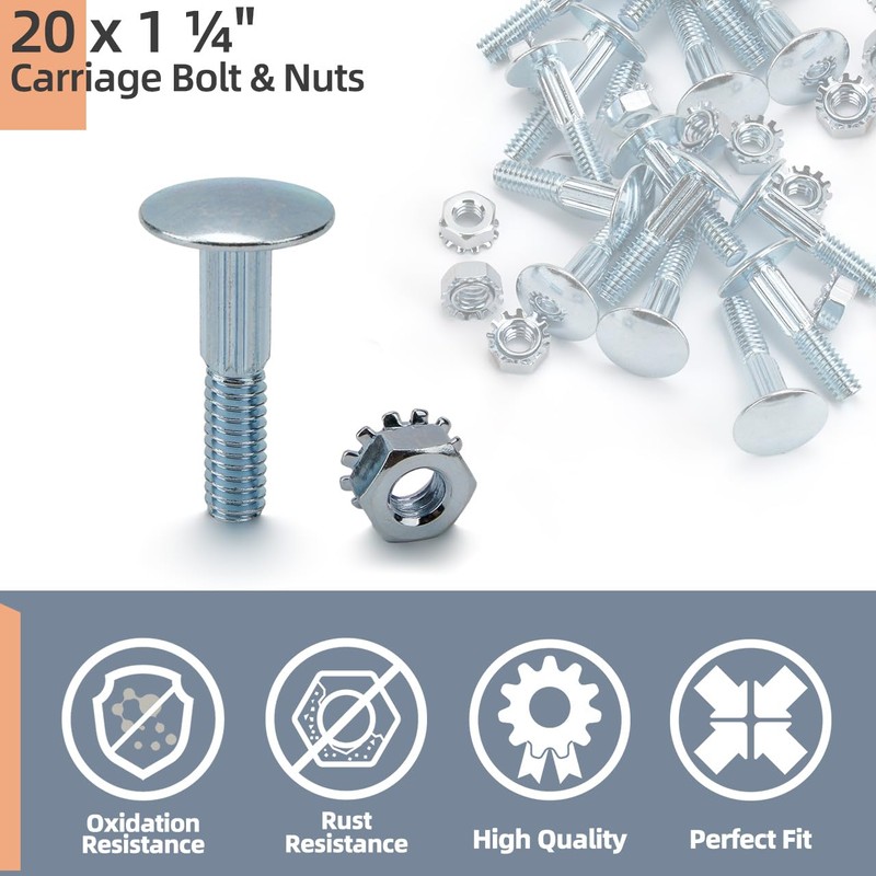 20 Pack 1 1/4" Carriage Bolt & Nut Kit for