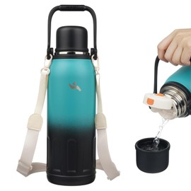 Insulated Water Bottle with Handle and Strap,Vacuum Travel Tumbler with Cup Lid,Thermo Coffee Cup for Hot Cold Drinks 50 OZ,TealBlack