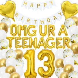 13th Birthday Decorations Thirteen Teenager Birthday OMG UR A Teenager Balloons 13th Birthday Gold Happy Birthday Banner for 13 Year Old Teen Boys Birthday Party Supplies (Gold)