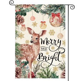AVOIN colorlife Merry and Bright Christmas Deer Garden Flag 12x18 Inch Double Sided Outside, Winter Holiday Yard Outdoor Decorative Flag