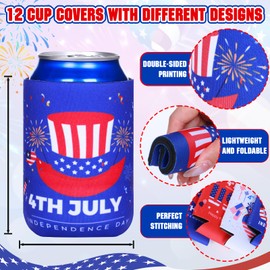 4th of July Decoration Can Cooler Sleeves, 12 Pcs Independence Day Can Party Supplies USA Flag Insulated Collapsible 4th of July Cooler Sleeves for Patriotic Memorial Day (A)