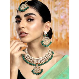Aheli Faux Kundan Necklace Earrings Maang Tikka Green Set Indian Ethnic Wedding Fashion Jewelry Set Gift for Women