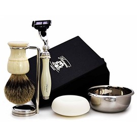 Haryali London Razor with 3 Blades Silver Tip Badger Hair Brush Bowl Stand Soap Perfect Shaving Set for Men